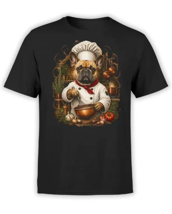 black t-shirt with detailed french bulldog chef illustration holding a copper bowl in a rustic kitchen surrounded by herbs and vegetables