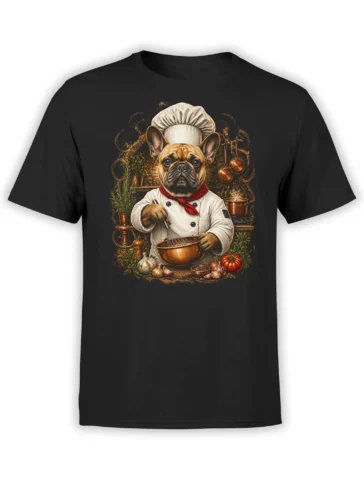 black t-shirt with detailed french bulldog chef illustration holding a copper bowl in a rustic kitchen surrounded by herbs and vegetables