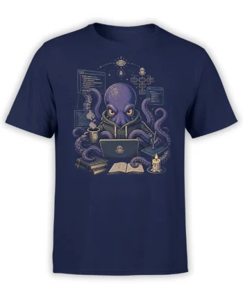 navy t-shirt showing a hooded octopus programmer at a laptop, tentacles juggling code screens, coffee, books and a candle in a dark geek style