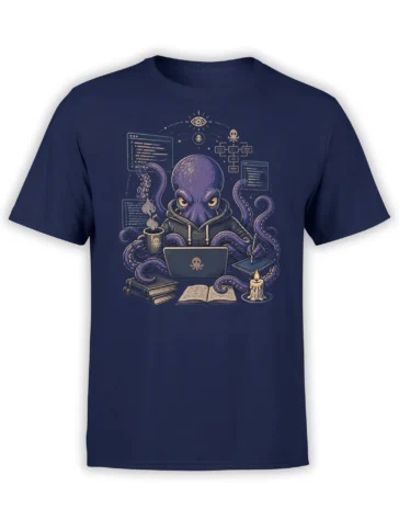 navy t-shirt showing a hooded octopus programmer at a laptop, tentacles juggling code screens, coffee, books and a candle in a dark geek style