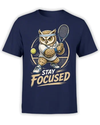 navy tennis shirt with focused owl swinging a racket and bold Stay Focused text in tan and white