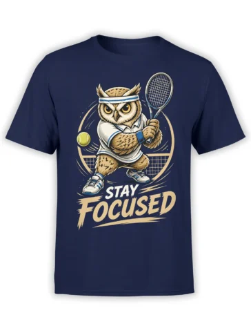 navy tennis shirt with focused owl swinging a racket and bold Stay Focused text in tan and white