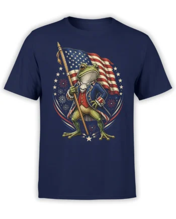 navy patriotic t-shirt with a detailed founding father style frog holding an American flag surrounded by fireworks and stars