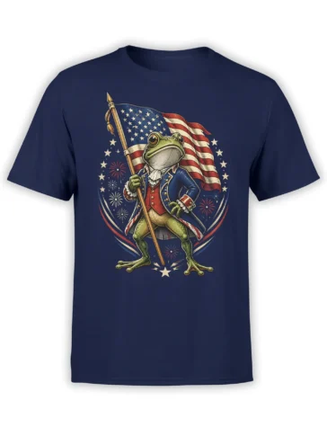 navy patriotic t-shirt with a detailed founding father style frog holding an American flag surrounded by fireworks and stars