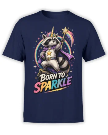 navy unisex T-shirt with cute raccoon unicorn superhero holding a star wand and Born To Sparkle rainbow text