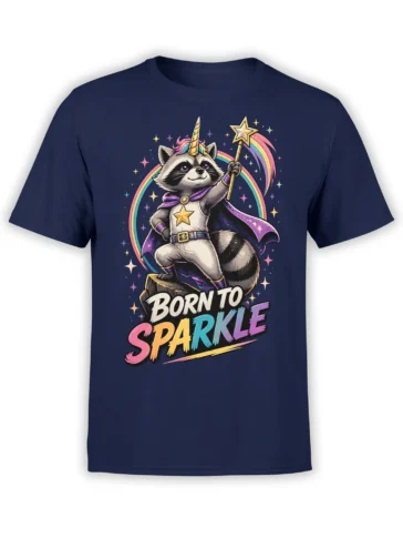 navy unisex T-shirt with cute raccoon unicorn superhero holding a star wand and Born To Sparkle rainbow text