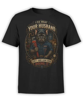 black unisex T-shirt with vintage French bulldog plumber graphic and “I fix what your husband can’t” slogan in ornate frame