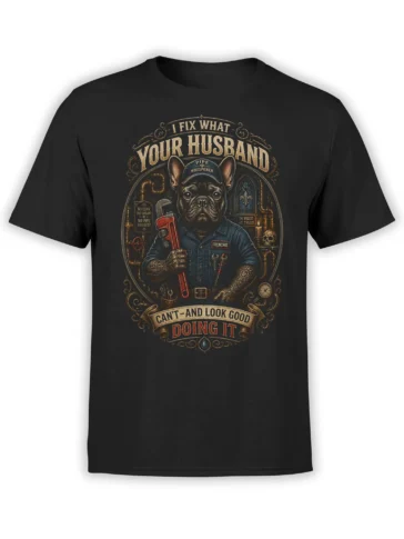black unisex T-shirt with vintage French bulldog plumber graphic and “I fix what your husband can’t” slogan in ornate frame