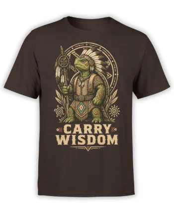 brown unisex t-shirt with detailed tribal-style wise turtle warrior holding a staff and bold “Carry Wisdom” text in beige and teal tones