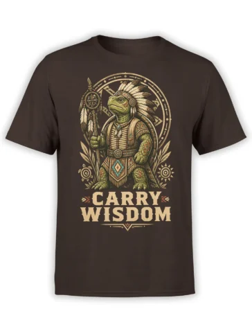 brown unisex t-shirt with detailed tribal-style wise turtle warrior holding a staff and bold “Carry Wisdom” text in beige and teal tones