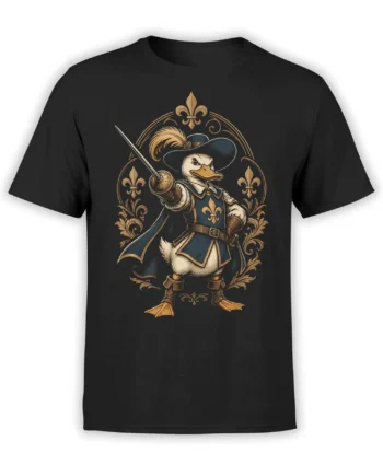 Black unisex T-shirt featuring a musketeer duck with rapier in an ornate gold fleur-de-lis frame, printed large on the chest