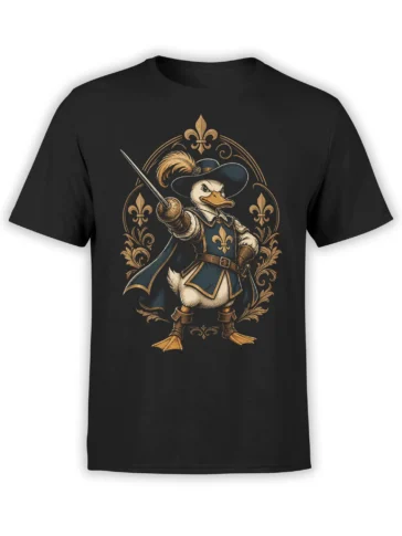 Black unisex T-shirt featuring a musketeer duck with rapier in an ornate gold fleur-de-lis frame, printed large on the chest