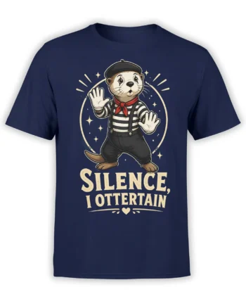 Front view of navy unisex shirt with cute mime otter and “Silence, I Ottertain” pun design in a soft vintage style
