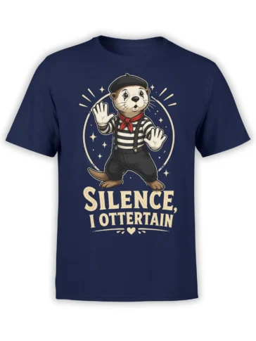 Front view of navy unisex shirt with cute mime otter and “Silence, I Ottertain” pun design in a soft vintage style