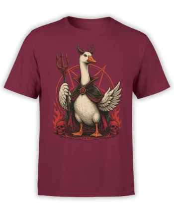 Red unisex t-shirt featuring a detailed white goose in occult lord attire with horns, trident, pentagram circle, flames and skulls.
