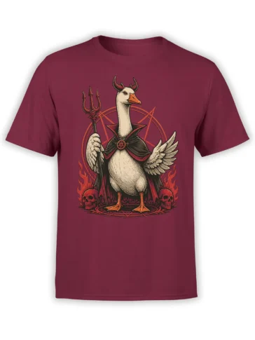 Red unisex t-shirt featuring a detailed white goose in occult lord attire with horns, trident, pentagram circle, flames and skulls.