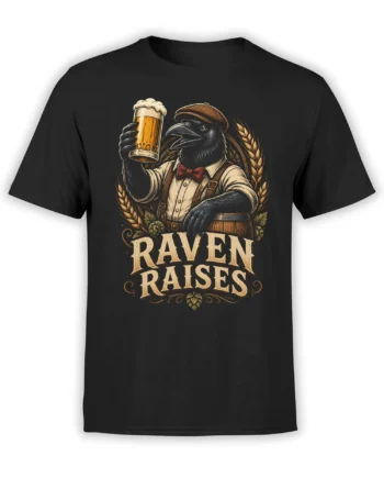 black unisex t-shirt with a vintage raven bartender raising a frothy beer pint framed by hops and barley graphics