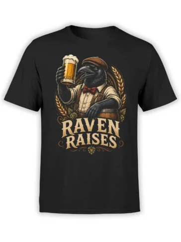 black unisex t-shirt with a vintage raven bartender raising a frothy beer pint framed by hops and barley graphics