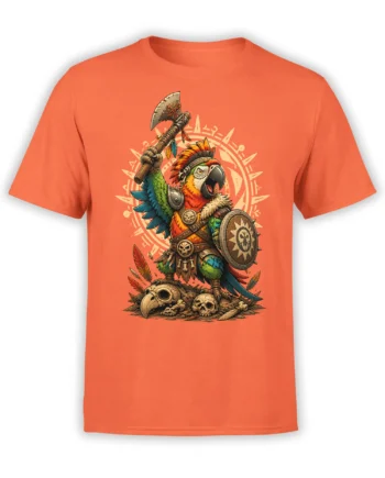 orange unisex t-shirt with detailed parrot warrior graphic holding axe and shield over skulls
