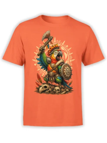 orange unisex t-shirt with detailed parrot warrior graphic holding axe and shield over skulls