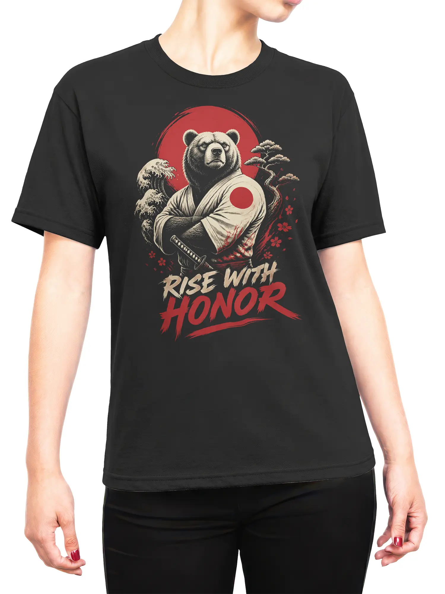 Woman wearing black samurai bear Rise With Honor t-shirt with red sun and katana graphic
