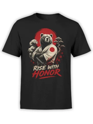 Black unisex t-shirt with a samurai bear in a gi holding a katana under a red sun, waves and bonsai with the text Rise With Honor