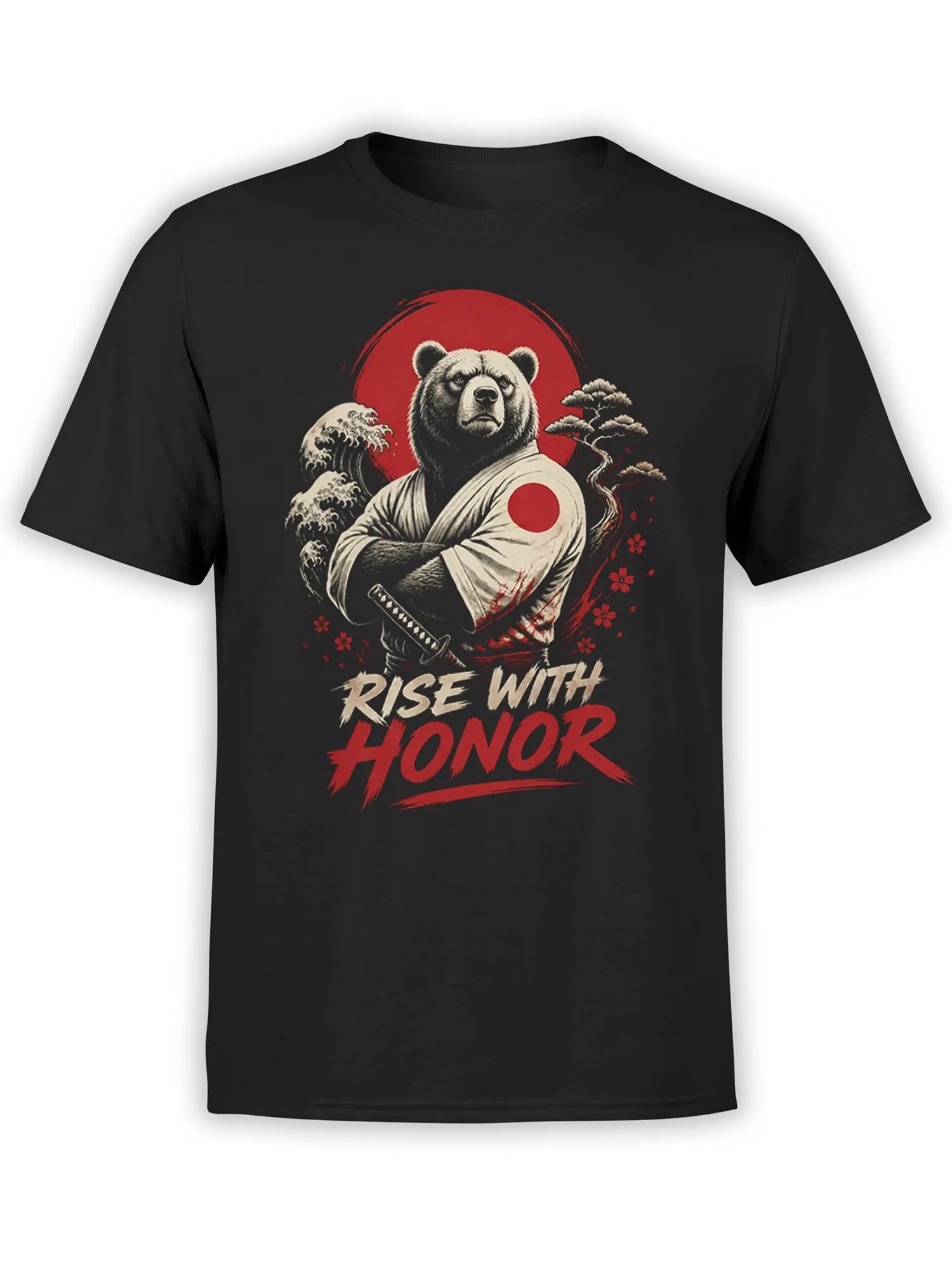 Black unisex t-shirt with a samurai bear in a gi holding a katana under a red sun, waves and bonsai with the text Rise With Honor