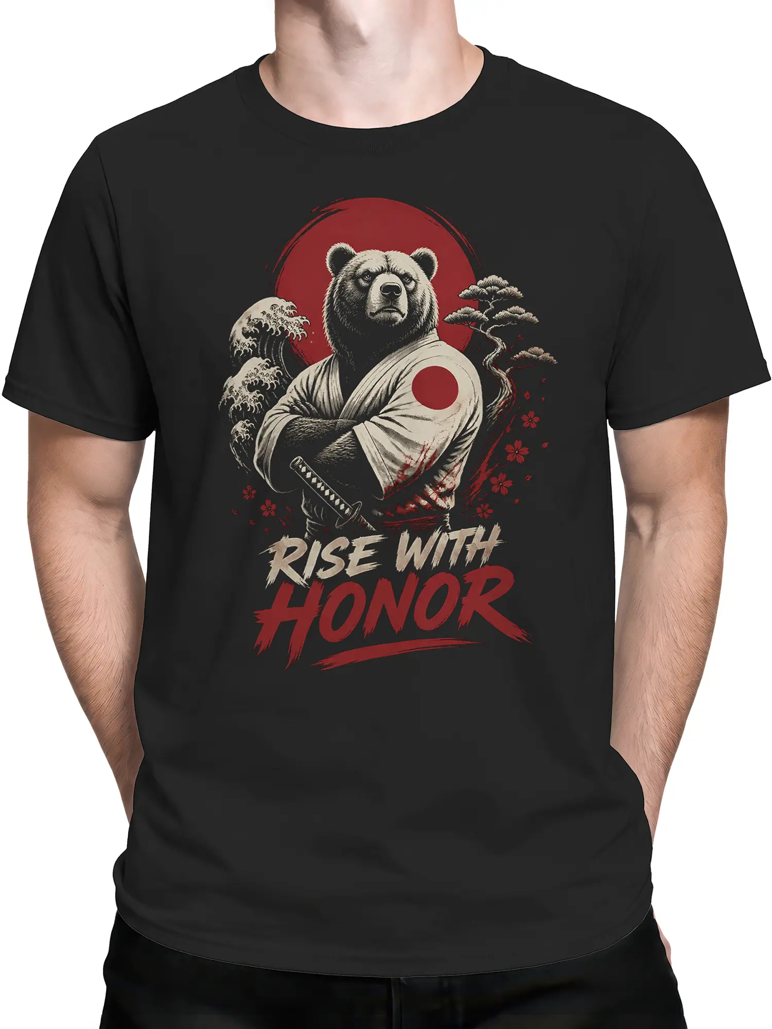 Man wearing black samurai bear Rise With Honor t-shirt with red sun, waves and bonsai
