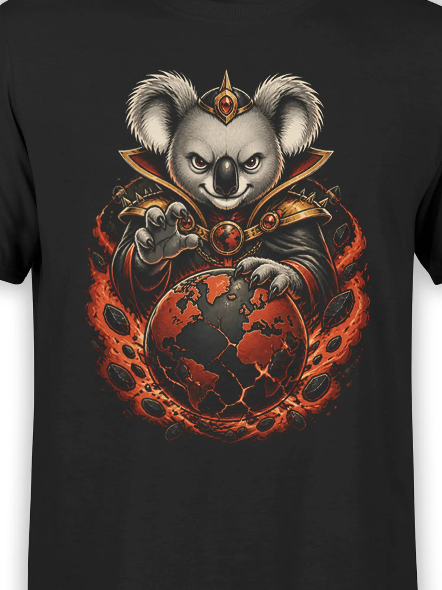 Detailed close-up of koala sorcerer artwork holding a burning cracked planet on a black fantasy graphic tee