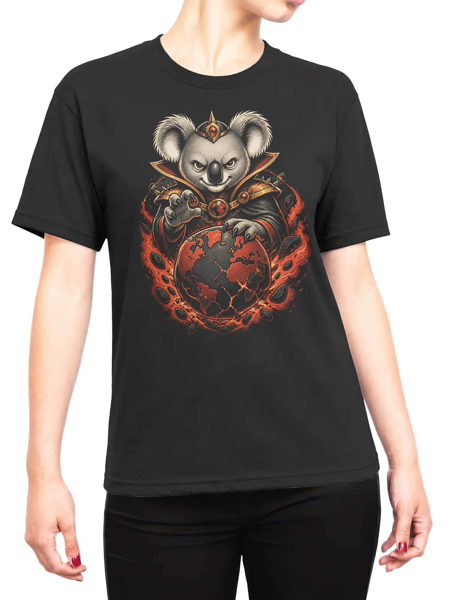 Woman wearing black koala sorcerer burning planet graphic tee with bold red and orange fantasy art