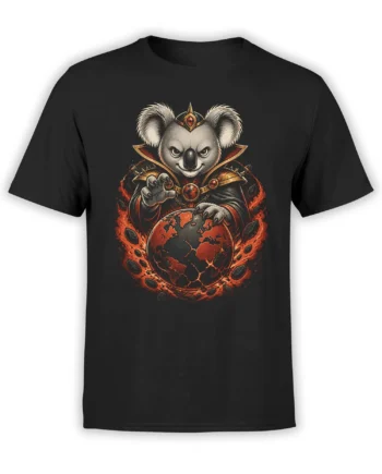 Black unisex t-shirt with sinister koala sorcerer holding a burning cracked planet in detailed fiery red and orange fantasy artwork