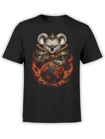 Black unisex t-shirt with sinister koala sorcerer holding a burning cracked planet in detailed fiery red and orange fantasy artwork