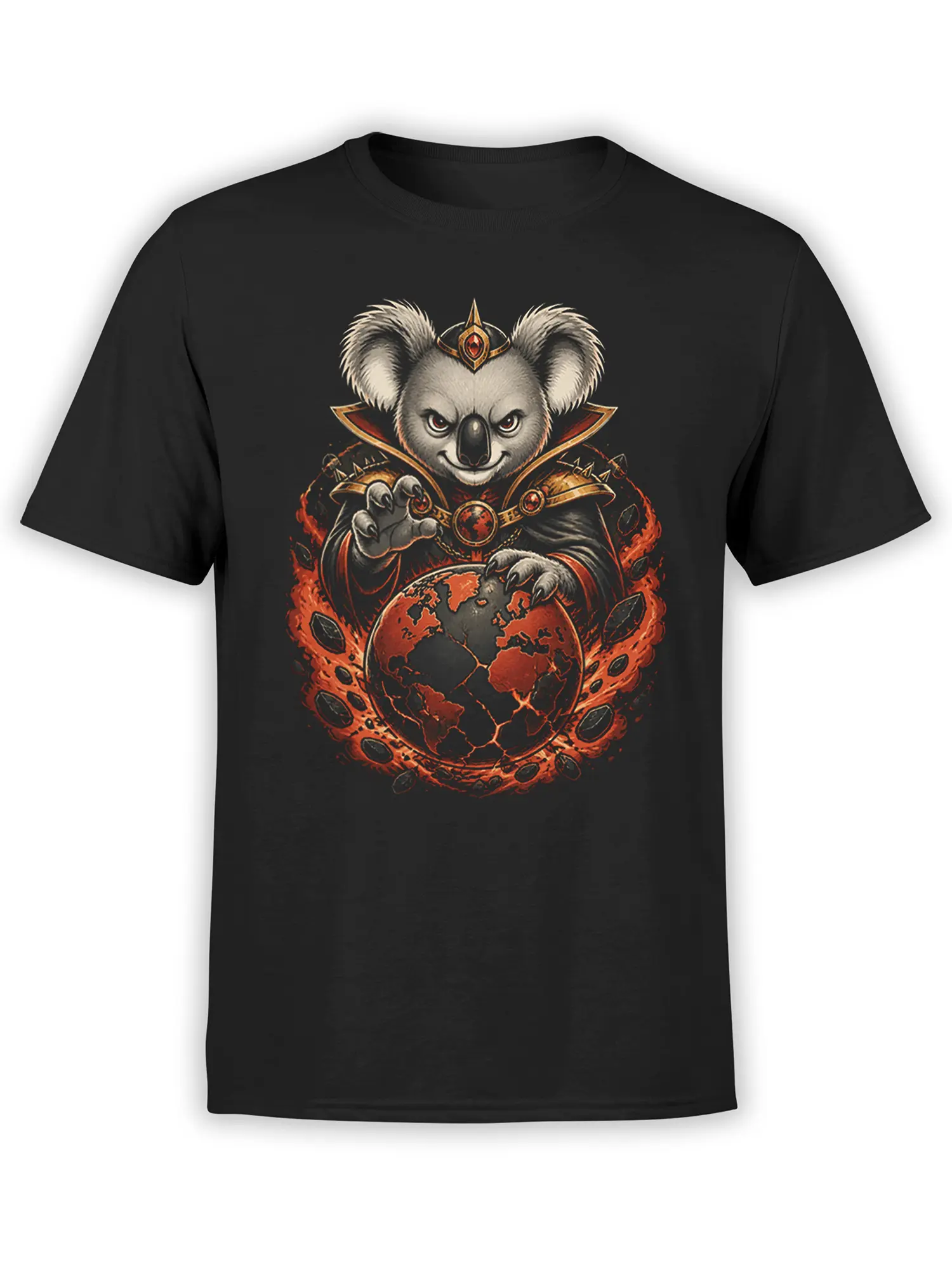 Black unisex t-shirt with sinister koala sorcerer holding a burning cracked planet in detailed fiery red and orange fantasy artwork