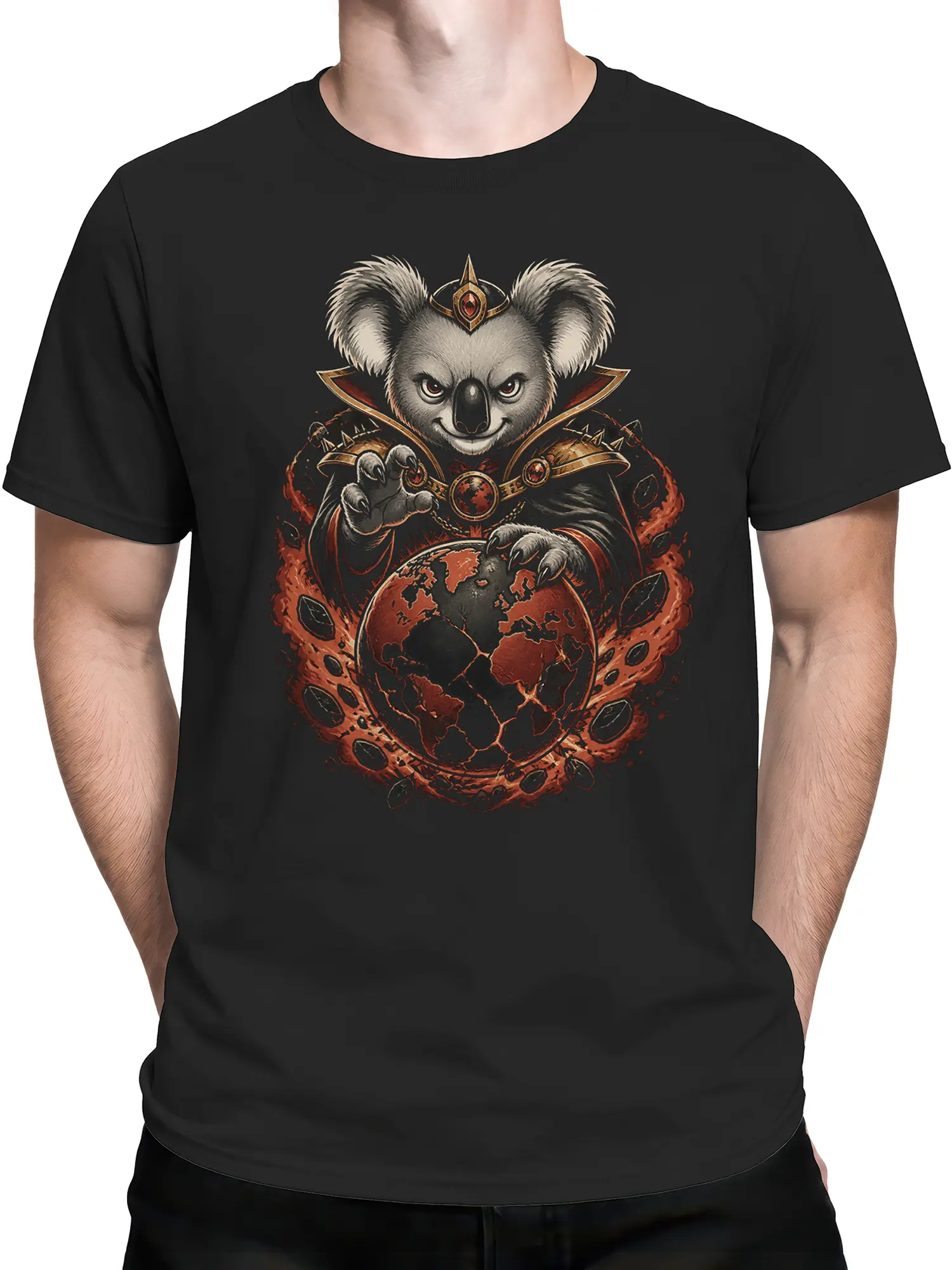 Man wearing black villain koala sorcerer t-shirt with burning cracked planet design in red and orange