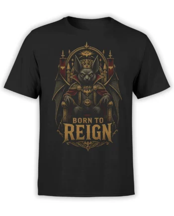 black unisex t-shirt with detailed bat king on a throne and “Born To Reign” gothic lettering in red and gold