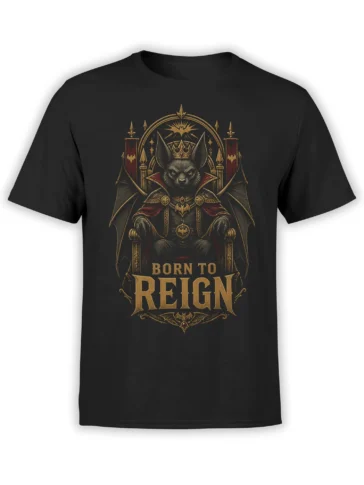 black unisex t-shirt with detailed bat king on a throne and “Born To Reign” gothic lettering in red and gold