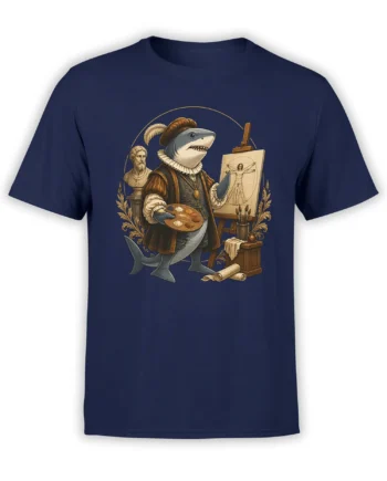 Navy unisex t-shirt with a renaissance-dressed shark artist painting a Vitruvian-style figure in a detailed classic studio scene