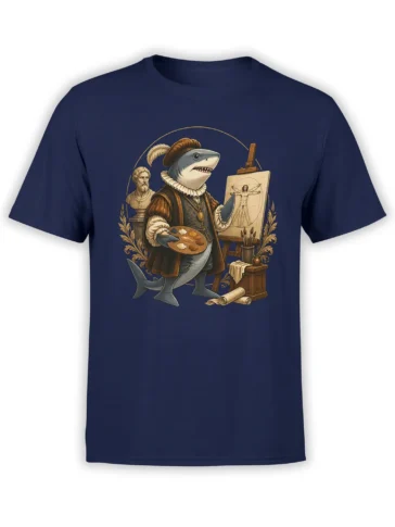 Navy unisex t-shirt with a renaissance-dressed shark artist painting a Vitruvian-style figure in a detailed classic studio scene