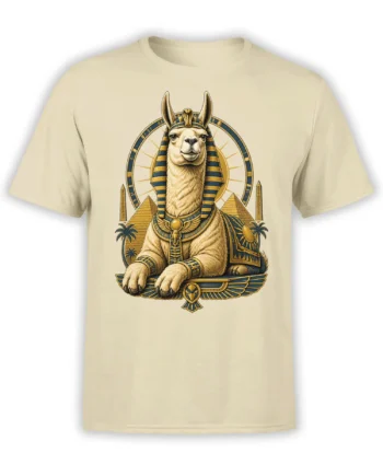 beige unisex t-shirt with a detailed llama pharaoh sphinx graphic framed by pyramids, obelisks, and a golden sun
