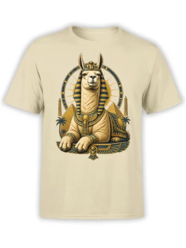 beige unisex t-shirt with a detailed llama pharaoh sphinx graphic framed by pyramids, obelisks, and a golden sun