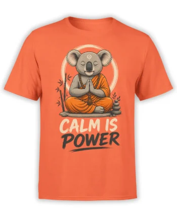 Front view of orange t-shirt with meditating koala monk and “Calm Is Power” text in a zen graphic design