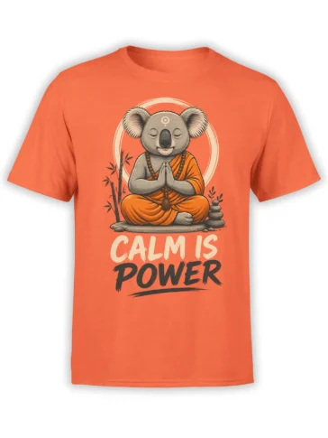 Front view of orange t-shirt with meditating koala monk and “Calm Is Power” text in a zen graphic design