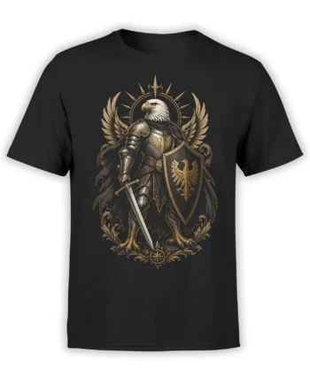 Black unisex t-shirt featuring a detailed armored eagle knight with sword, shield and wings in gold and steel tones in epic fantasy style
