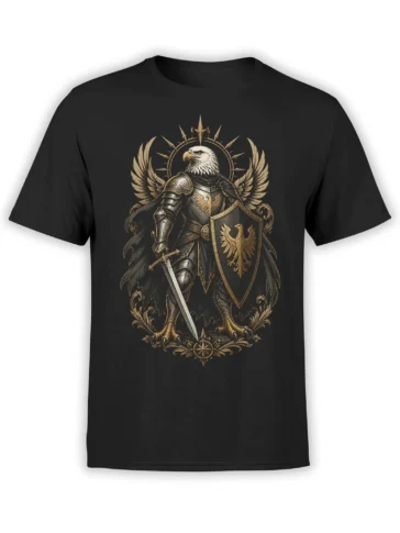 Black unisex t-shirt featuring a detailed armored eagle knight with sword, shield and wings in gold and steel tones in epic fantasy style