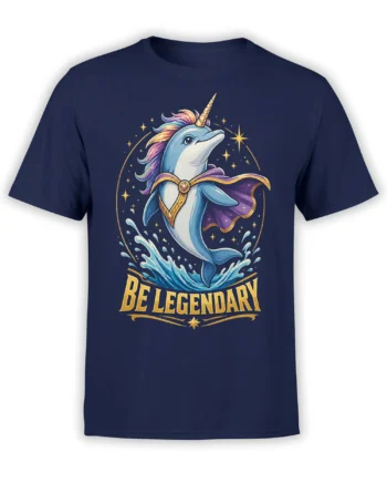 Unicorn dolphin fantasy graphic on a navy unisex shirt, showing a caped dolphin with horn leaping from waves and the bold Be Legendary text.