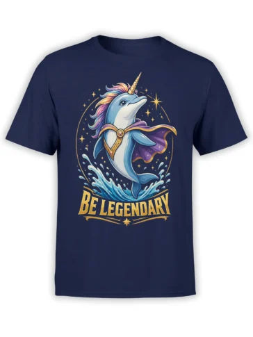 Unicorn dolphin fantasy graphic on a navy unisex shirt, showing a caped dolphin with horn leaping from waves and the bold Be Legendary text.