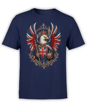 navy unisex t-shirt with crowned bald eagle holding Union Jack shield and orb over a detailed London skyline