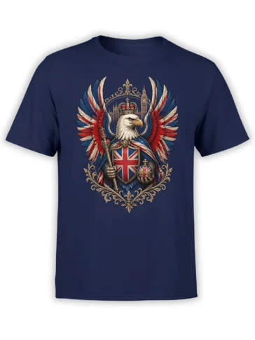 navy unisex t-shirt with crowned bald eagle holding Union Jack shield and orb over a detailed London skyline