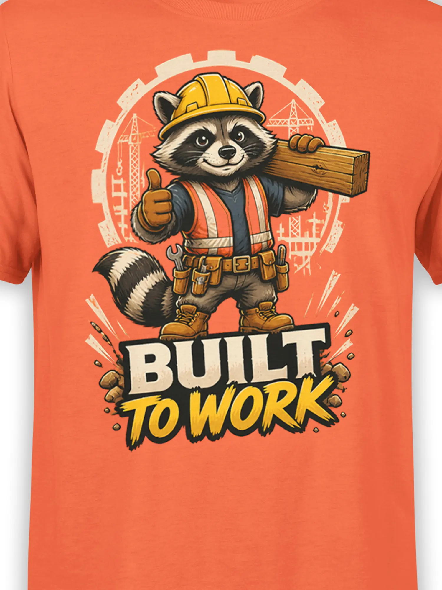 Close-up of the construction raccoon artwork with hardhat, tool belt, wooden beam, and Built To Work lettering on the orange shirt.