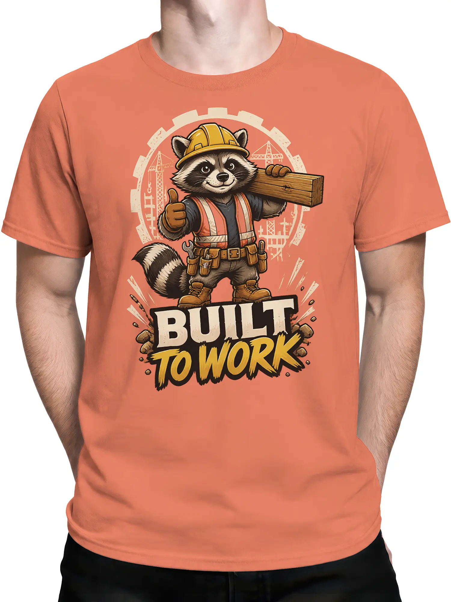 Man wearing the orange construction raccoon Built To Work tee, highlighting the fit and playful builder graphic.